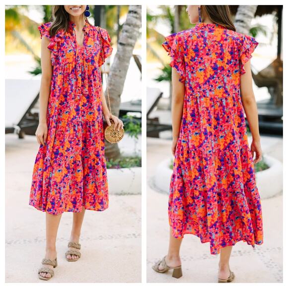 NEW Umgee Tiered Midi Dress M Floral Ruffle Sleeve Tie Neck Pockets Beach Resort - Picture 1 of 8